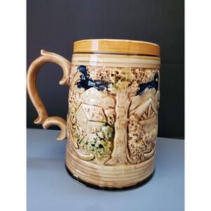 Vintage Ceramic Beer Stein Mug 1/2 Gallon Ale Tavern Scene Japan